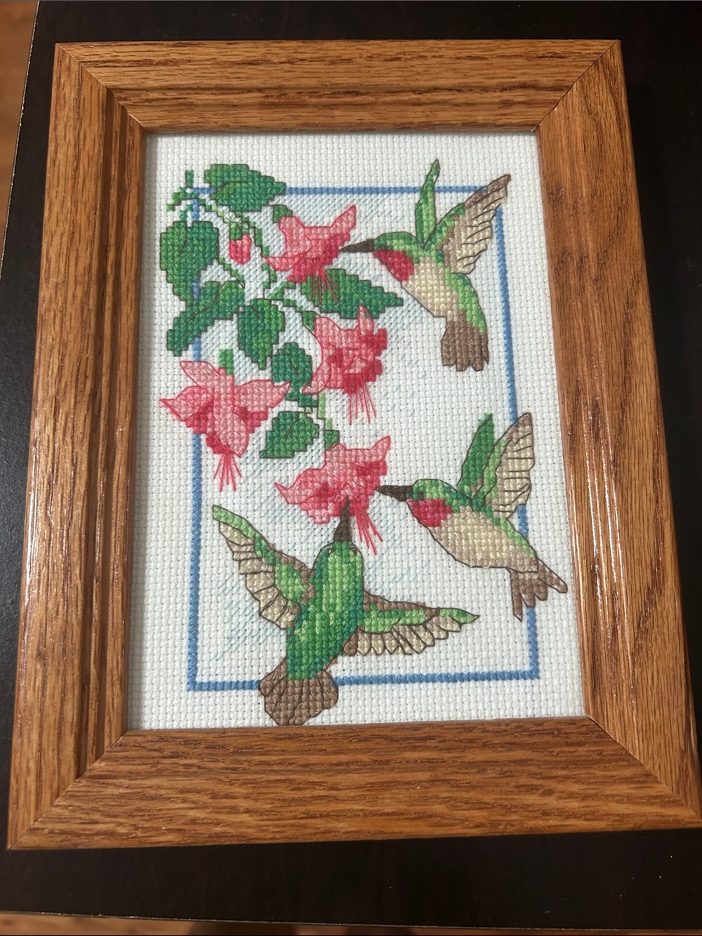 Framed Hummingbird Cross Stitch Wall Art - Green & Pink